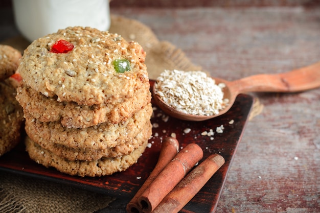 Oatmeal cookies on a wooden table