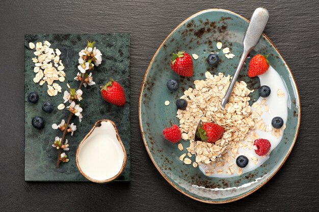 Oatmeal flakes milk and berries fitness breakfast