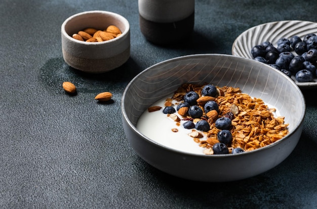 Oatmeal Granola with blueberry Dry Breakfast Healthy food or diet concept Copy space Granola with greek yogurt Berry granola with almond Healthy nutrition Muesli with berries