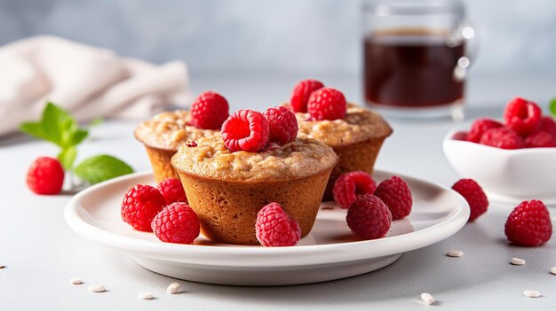 Oatmeal Muffins with Raspberries on a Plate