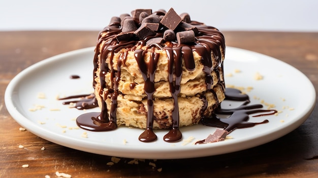 Oatmeal mug cake drizzled with dark chocolate on a plate