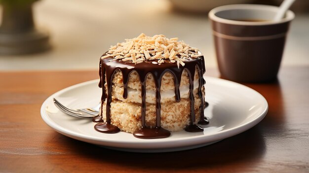 Photo oatmeal mug cake drizzled with dark chocolate