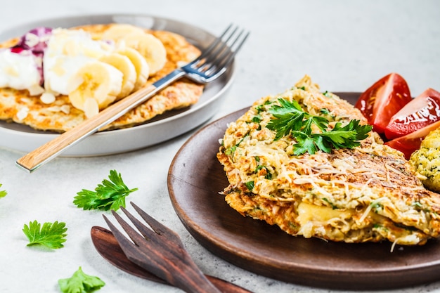 Oatmeal omelet with cheese and sweet oatmeal pancake,