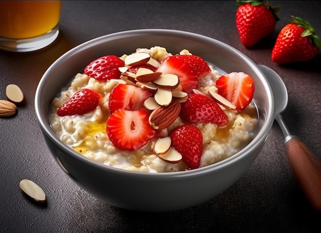 Oatmeal porridge fresh berries raspberry strawberry and homemade granola Breakfast food