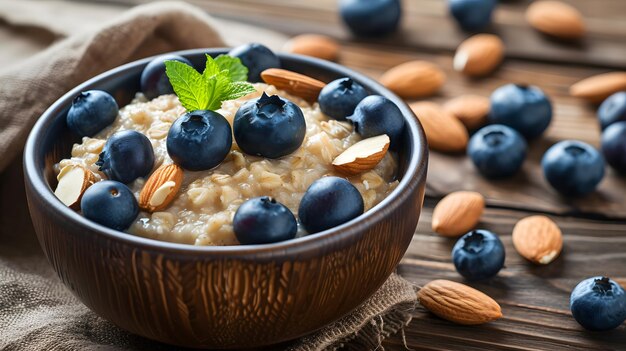 Oatmeal porridge with blueberries and almonds in bowl on wooden table