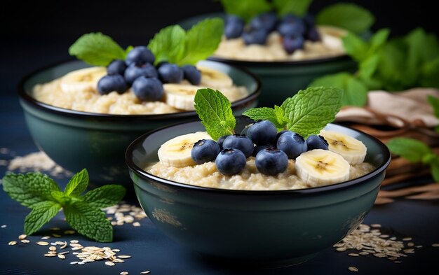 바나나 블루베리와 민트와 함께 오트밀 (Oatmeal with Banana Blueberry and Mint in Bowls)