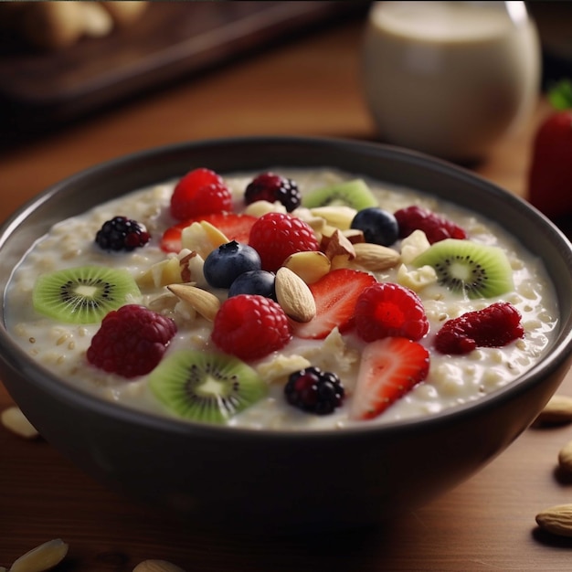 Oatmeal with berries and nuts in a bowl on a dark background