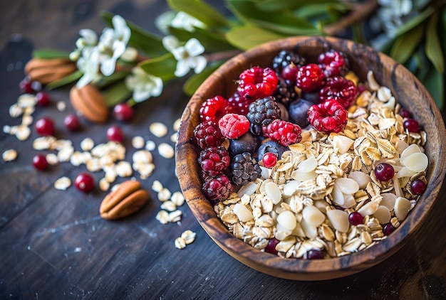 Oatmeal with berries in wooden bowl