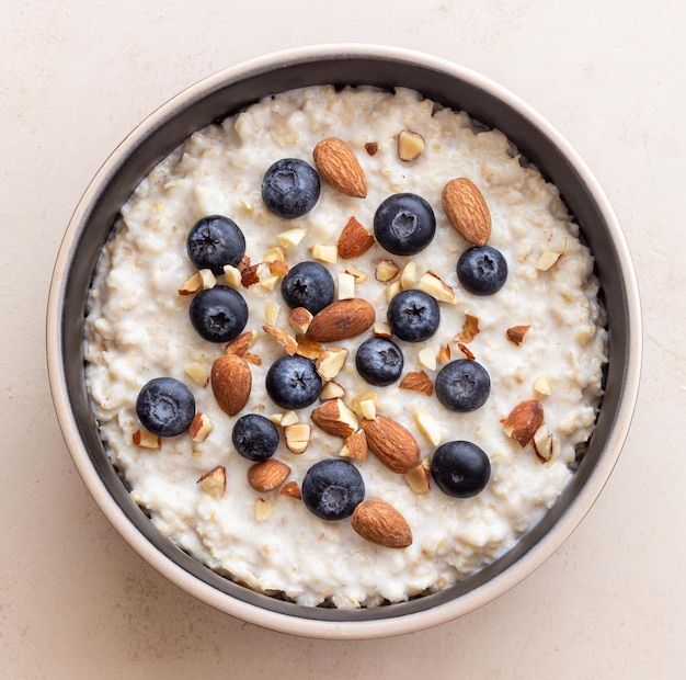 Oatmeal with blueberries almonds and honey Healthy food Vegetarian food Breakfast