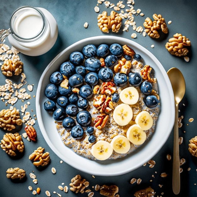 Oatmeal with fresh blueberries and pecans and banana