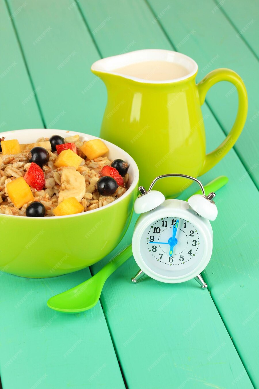 Oatmeal with fruits on table closeup