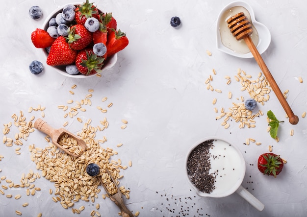 Oatmeal,yogurt,honey,strawberries and blueberries with Chia seeds