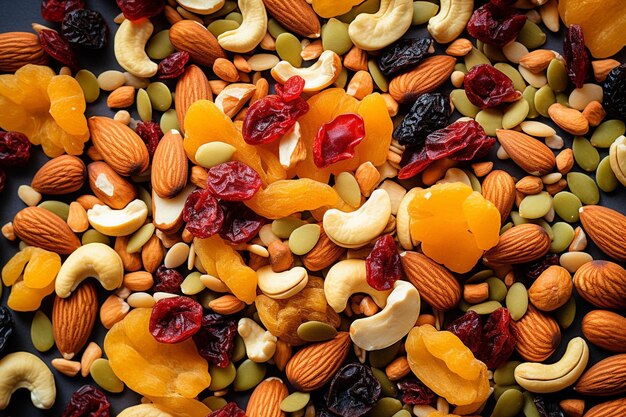 Photo oats forming a trail mix with dried fruits and nuts