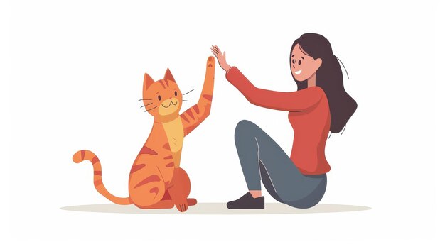 An obedient trained cat and its owner are high fived A flat modern illustration isolated on a white background shows humans and felines communicating