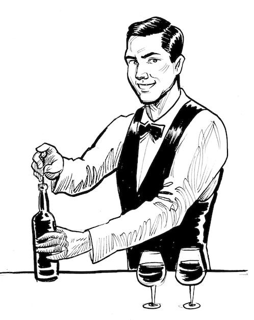 Ober die een fles wijn opent Inkt zwart-wit tekening