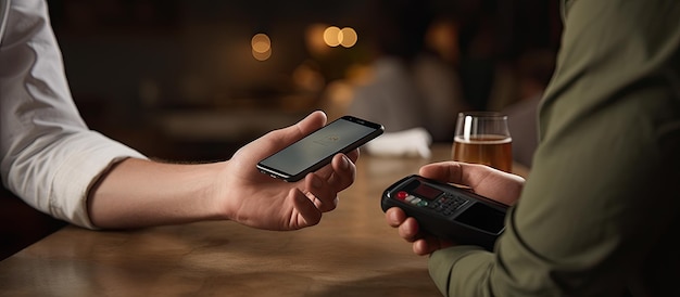 Foto ober met kaartautomaat aan tafel van drie vrienden die betalen met mobiele creditcard