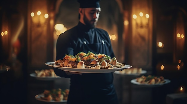 Ober serveert eten in een restaurant