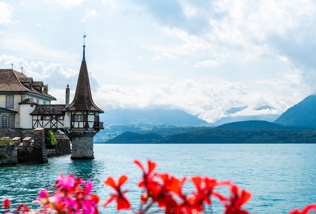 Oberhofen-kasteel met Thun-Meerachtergrond in Zwitserland