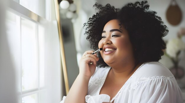 An obese black girl putting on makeup