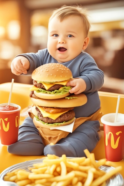 ファーストフードのハンバーガー、フライドポテトを食べる肥満の少年少女の不健康な食事の概念図