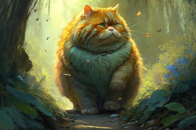 Obese cat walking through the woods Ia generative
