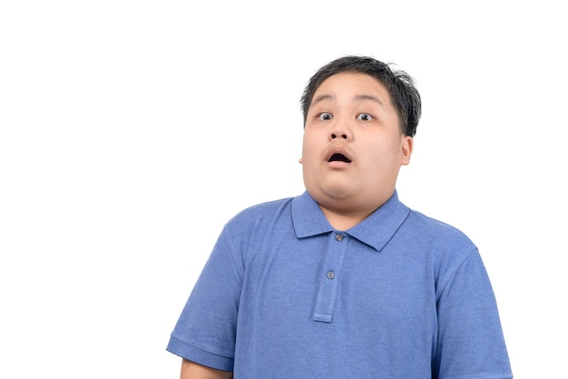 Photo obese fat asian boy portrait with funny shocked face expression isolated on white background, surprised concept