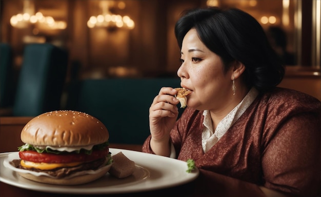 写真 高級レストランでハンバーガーを食べている肥満の太った女性