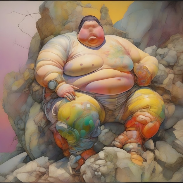 Photo an obese fullfigured cyborg model posed on a rock in hans bellmer art style