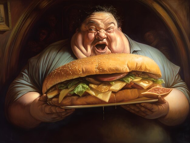 An obese man holding a giant sandwich