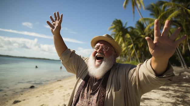 An obese man stands on the sand leans against a palm tree and waves