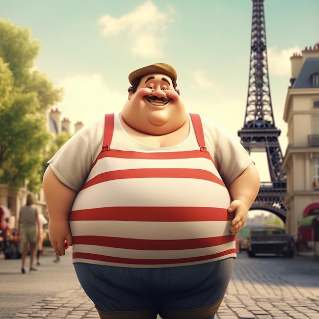 Obese toon french man with a tight shirt with eiffel tower behind