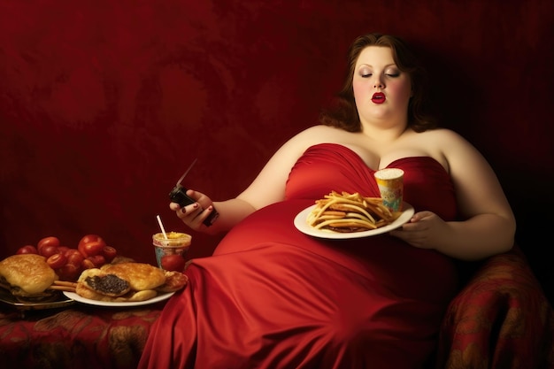 An obese woman eating junk food Generative AI