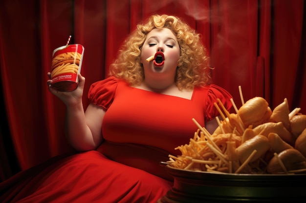 An obese woman eating junk food Generative AI