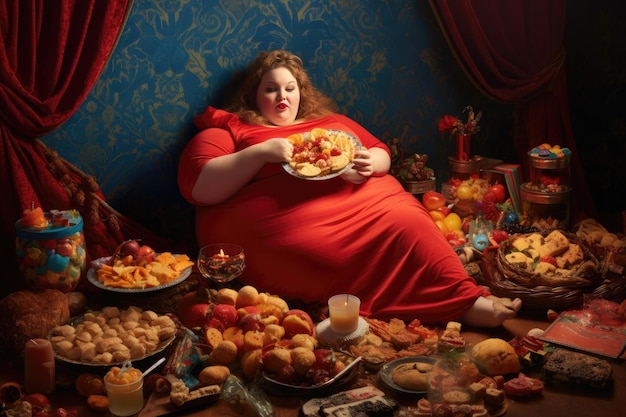 Una donna obesa che mangia cibo spazzatura ia generativa