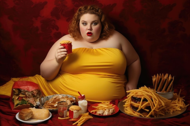 An obese woman eating junk food Generative AI