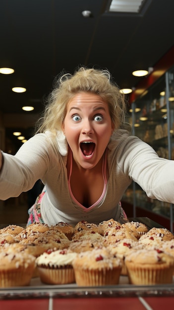 Photo obese woman at the gym is shown in closeup on her face as she reaches for cake