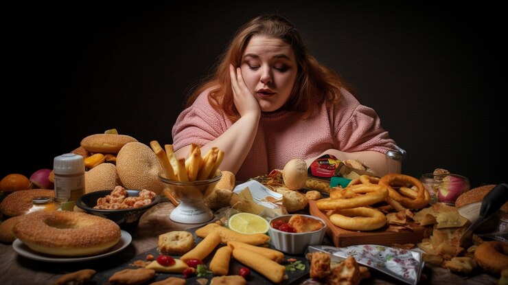 Obese woman with eating disorder bad diet and generative AI