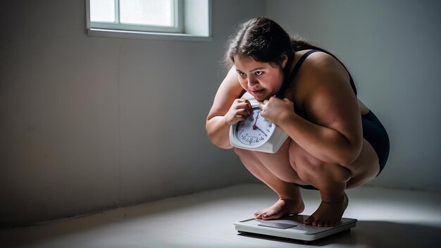 Foto giovane donna obesa accovacciata su una bilancia