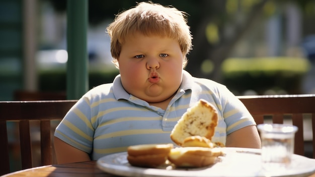 Фото Толстый, толстый мальчик с избыточным весом сидит за столом очень толстый грустный белый мальчик-подросток ест сладкие булочки