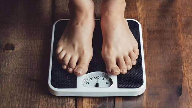Photo obesity and overweight overweight woman feet on the scale concept of obesity and bad habits