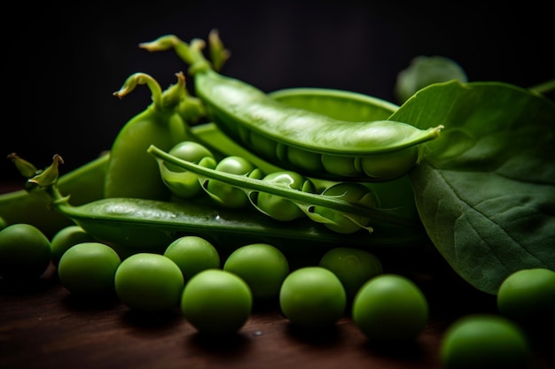 object focus close up Peas and pea pods
