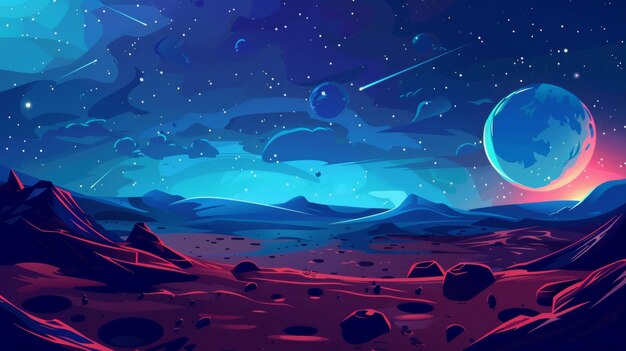 Photo object scenery for exploration concept of alien planet with craters on dark blue cosmos sky with space bodies cartoon modern illustration of cosmic landscape