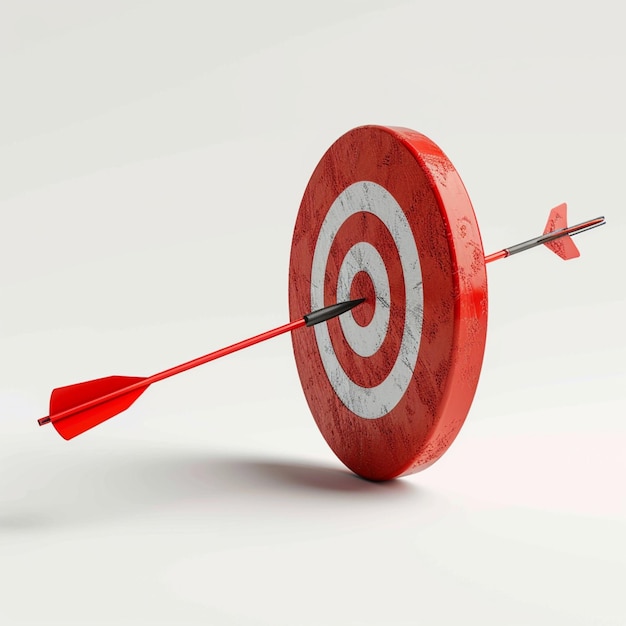 Foto focalizzazione dell'obiettivo la freccia rossa mira a un bersaglio su bianco per la dimensione del post sui social media