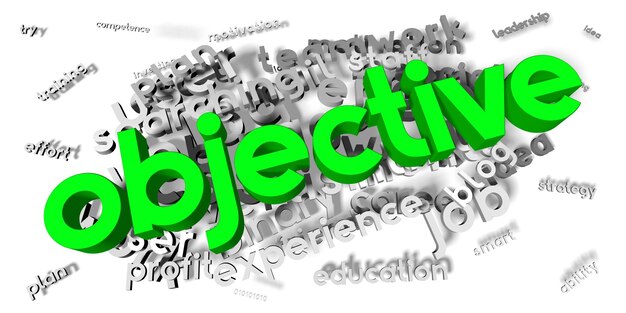 Objective green and grey words typographical concept 3D illustration