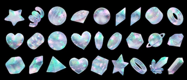 Photo objects holographic opal decoration set pack isolated background 3d rendering