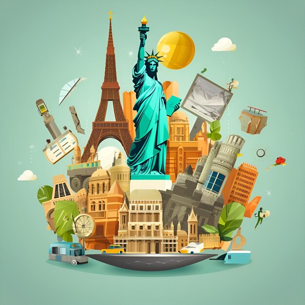 Photo objects representing travel insurance some city icons such as statue of liberty