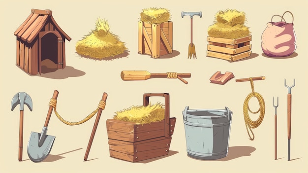 Photo objects for a stable or barn including hay wood box rope lasso shovel and pitchfork barn and bucket as well as cartoon modern illustrations