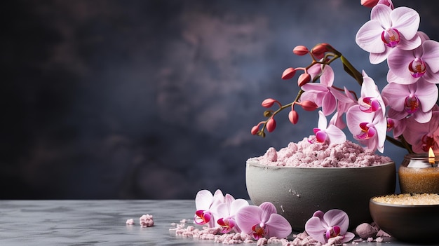 Objects with a spa orchid motif on a grey backdrop