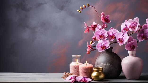 Objects with a spa orchid motif on a grey backdrop