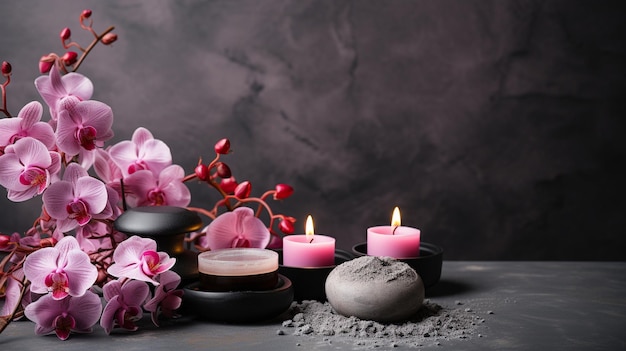 Objects with a spa orchid motif on a grey backdrop